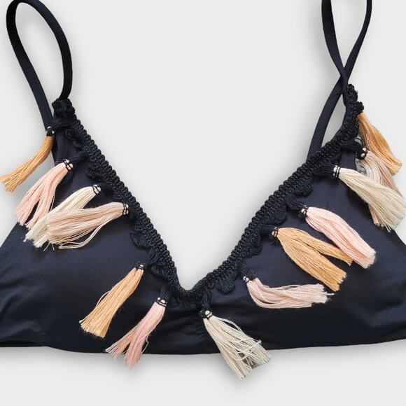 Isabella Rose Neutral Tassle Black Bralette Triangle Bikini Swim Top Sz S - Picture 6 of 8